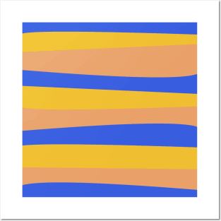 Groovy Stripes Pattern in Cobalt Blue, Mustard Yellow, and Peach Posters and Art